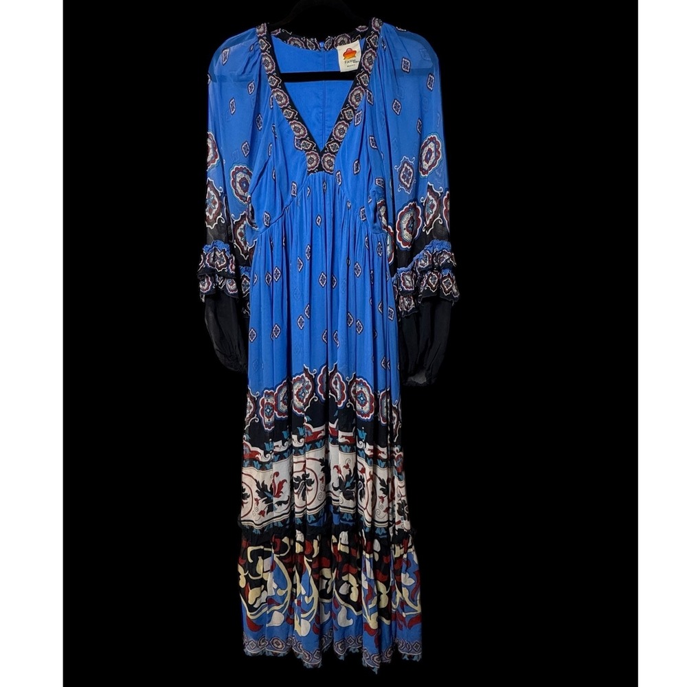 FARM Rio Ainika Tiles Maxi Dress Blue Long Sleeve V Neck Tiered Flowy - Picture 2 of 14